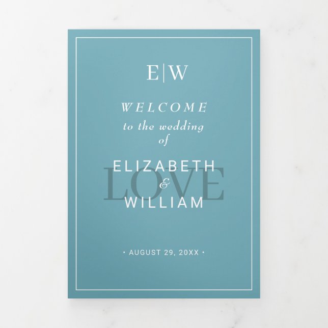 Elegant Simple Retro Blue mit Monogram Wedding Dreifach-gefaltete Programmkarte (Cover)
