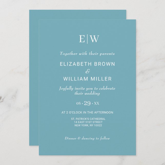 Elegant Simple Retro Blue mit Monogram Wedding Einladung (Vorne/Hinten)