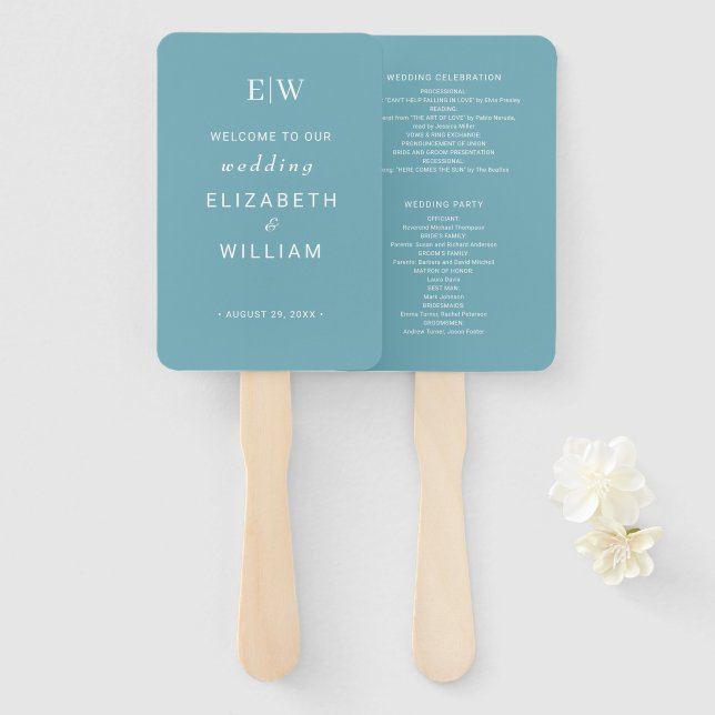 Elegant Simple Retro Blue mit Monogram Wedding Fächer (Vorne und Hinten)