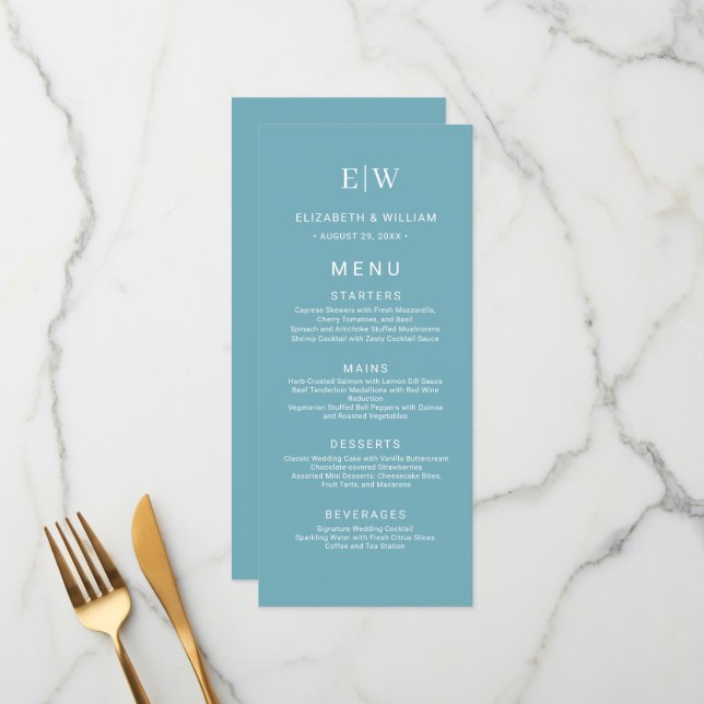 Elegant Simple Retro Blue mit Monogram Wedding Menükarte (Vorderseite/Rückseite Beispiel)