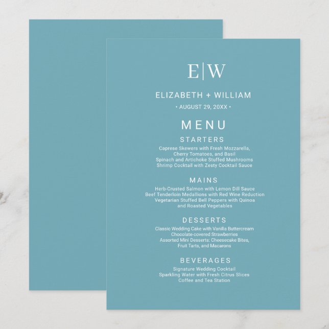 Elegant Simple Retro Blue mit Monogram Wedding Menükarte (Vorne/Hinten)