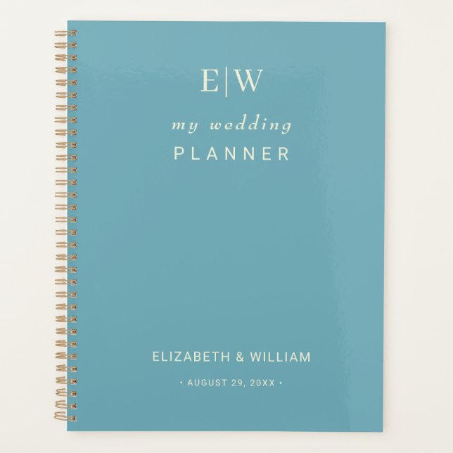 Elegant Simple Retro Blue mit Monogram Wedding Planer (Vorderseite)