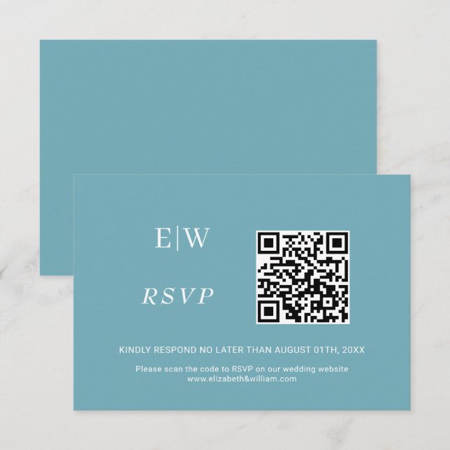 Elegant Simple Retro Blue mit Monogram Wedding RSVP Karte (Vorne/Hinten)