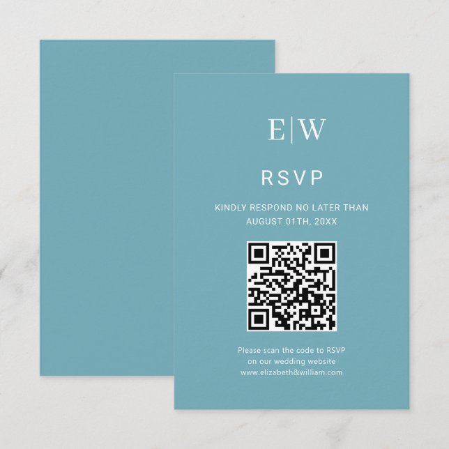 Elegant Simple Retro Blue mit Monogram Wedding RSVP Karte (Vorne/Hinten)