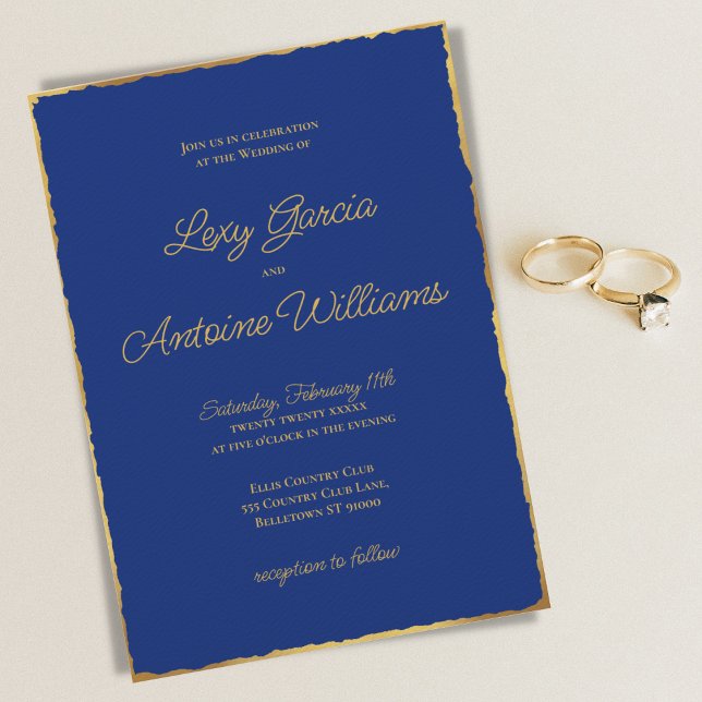 Elegant Simple Royal Blue Luxe Gold Edge Wedding Einladung (Von Creator hochgeladen)
