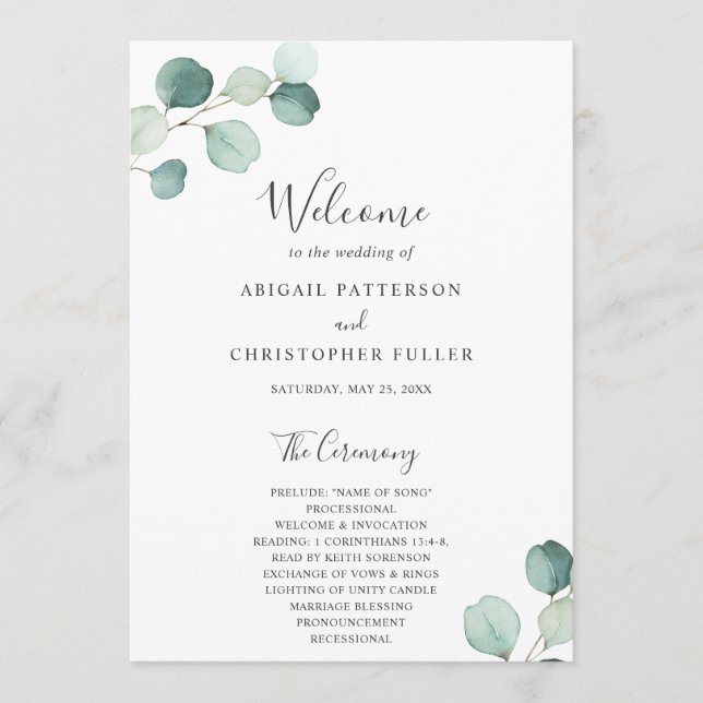Elegant Simple Sage Greenery Eucalyptus Wedding Programm (Vorderseite)