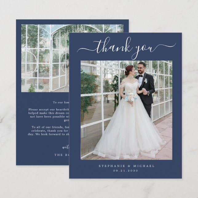 Elegant Simple Script 2 Foto Wedding Blue Dankeskarte (Vorne/Hinten)