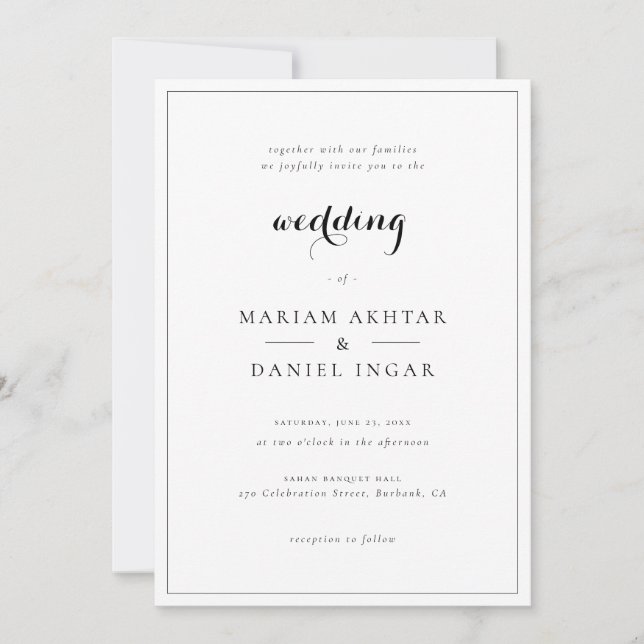 Elegant Simple Script Calligraphy White Wedding Einladung (Vorderseite)