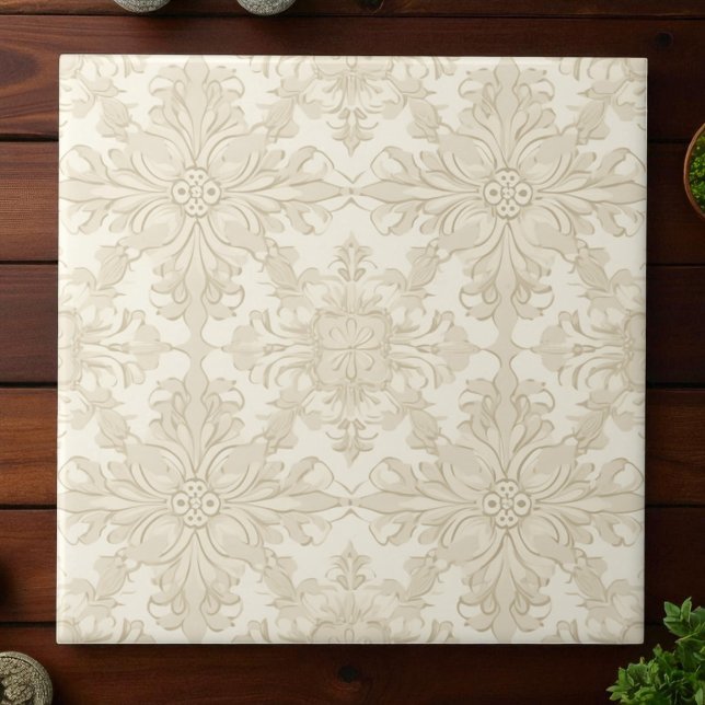Elegant Simple Soft Beige Damask Fliese (Von Creator hochgeladen)