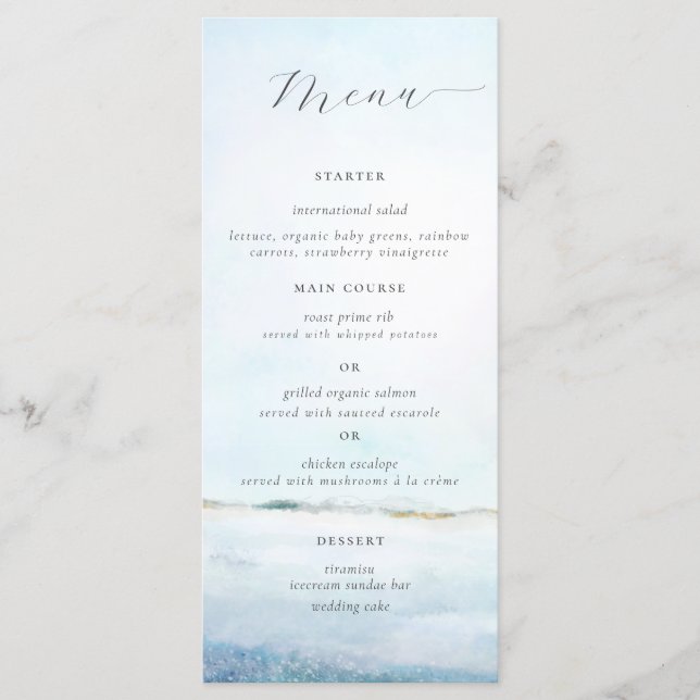 Elegant Simple Watercolor Beach Coastal Wedding Menükarte (Vorderseite)