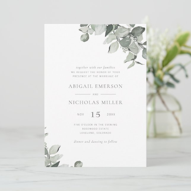 Elegant Simple Watercolor Eucalyptus Wedding Invit Einladung (Stehend Vorderseite)