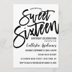 Elegant Simple White and Black Typografy Sweet 16 Einladung