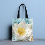 Elegant Simple White Blume Luxury Gold Wasserfarbe<br><div class="desc">Elegante Simple White Blume Luxury Gold Watercolor Tragetaschen zeichnen sich durch eine schlichte,  weiße Blume mit stilvollen Goldfolienakzenten auf einem weichen,  blauen Aquarellhintergrund aus. Perfektes Geschenk für Muttertag,  Geburtstag,  Weihnachten,  Lehrergewinn und beste Freunde. Entworfen von ©Evco Studio www.zazzle.com/store/evcostudio</div>