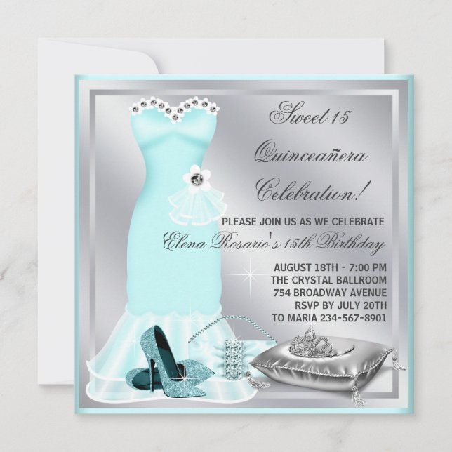 Elegant Sivler und Aquamarin Blue Quinceanera Einladung (Vorderseite)