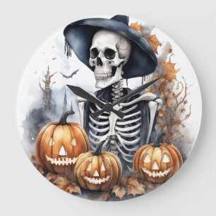 Elegant Skeleton Halloween Wassercolor Große Wanduhr