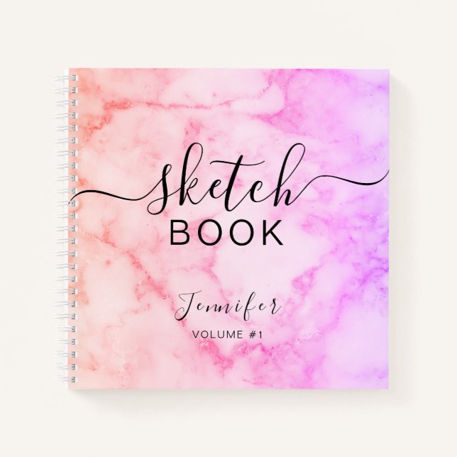 Elegant Sketchbook Ihr Name Script Marble Notizbuch (Vorderseite)