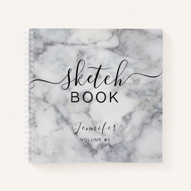 Elegant Sketchbook Ihr Name Script Marble Notizbuch (Vorderseite)