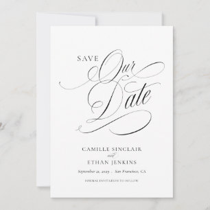 Elegant Skript Save-the-Date Schwarz und Weiß Einladung