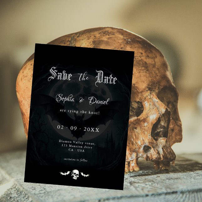 Elegant Skull Bats Mondlicht Hochzeitgotik Schwarz Save The Date (Von Creator hochgeladen)