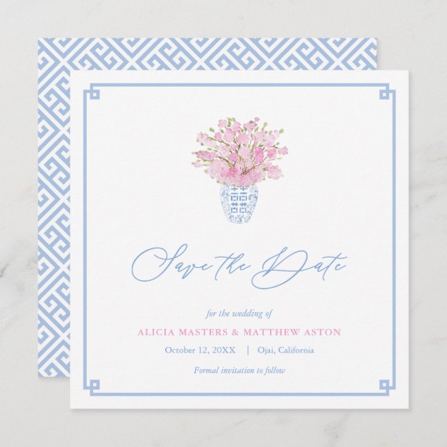 Elegant Sky Blue Ballet Pink Ginger Jar Wedding Save The Date (Vorne/Hinten)