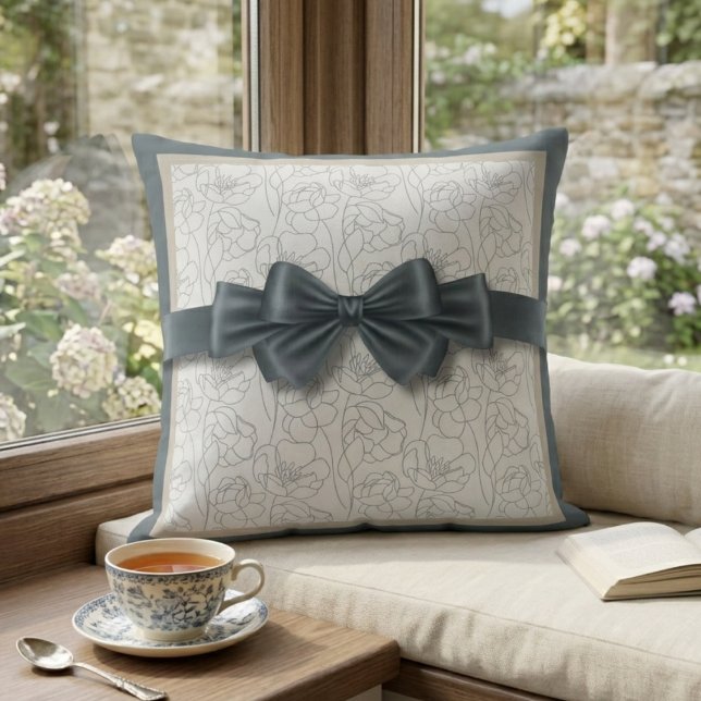 Elegant Slate Gray Modern Ribbon Motif Decorative Kissen (Create a cozy reading nook with our modern ribbon motif pillow, perfect for a serene window seat.)