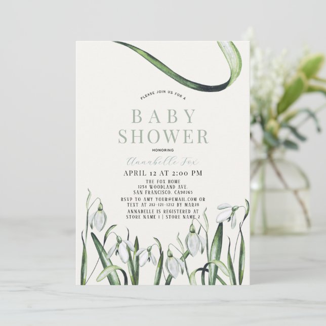 Elegant Snowdrops Wassercolor Baby Shower Einladung (Stehend Vorderseite)