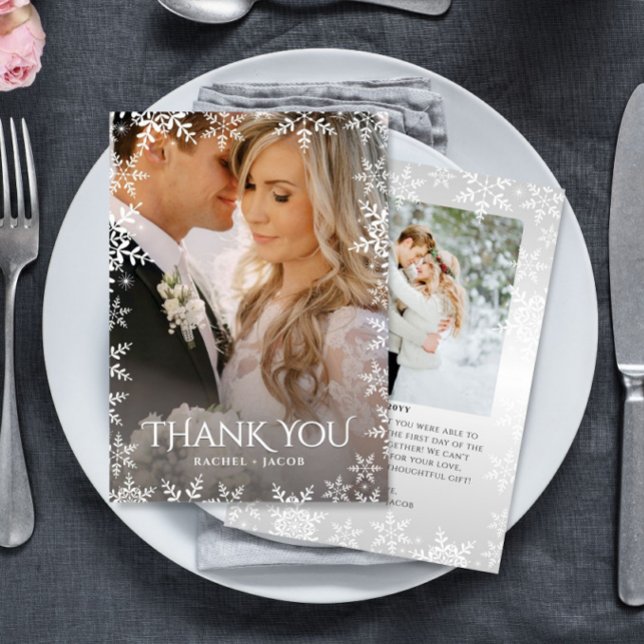 Elegant Snowflake 2-Photo Winter Wedding Thank You Dankeskarte (Von Creator hochgeladen)