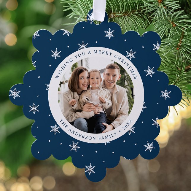 Elegant Snowflakes Navy 2 Photo Holiday Ornament Karte (Von Creator hochgeladen)