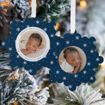 Elegant Snowflakes Navy Baby's First Christmas Ornament Karte<br><div class="desc">Celebrate your baby's first Christmas with friends and family with our Elegant Navy and White Snowflake baby's first Christmas ornament card. The front of the card displays your baby's photo encircled by a white frame with a navy and white snowflake patterned background. Personalize the front of the snowflake ornament card...</div>