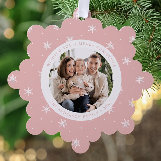 Elegant Snowflakes Pink 2 Photo Holiday Ornament Karte (Von Creator hochgeladen)