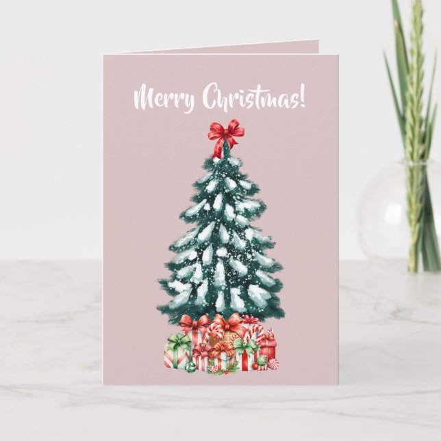 Elegant Snowy Christmas Tree Pink Karte (Vorderseite)