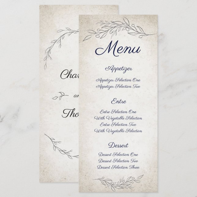 Elegant Soft Blätter Script Wedding Menükarte (Vorne/Hinten)