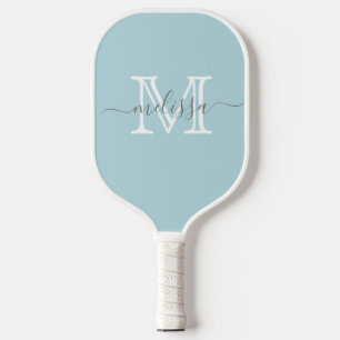 Elegant Soft Blue Minimal Name und Monogramm Pickleball Schläger