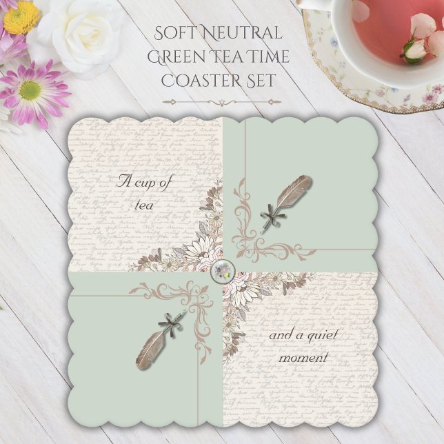 Elegant Soft Green Tea Time Literary Scalloped  Untersetzer (Makes a thoughtful and unique gift idea for book lovers, writers, and those who adore Cottagecore)