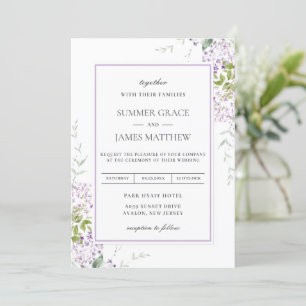 Elegant Soft Lilac Lila Flora und Fauna Hochzeit Einladung