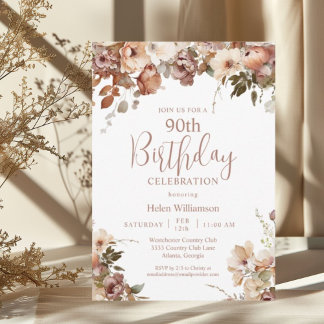 Elegant Soft Pink Aquarell Floral 90. Geburtstag Einladung