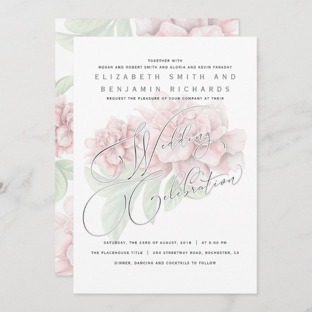 Elegant Soft Pink Peony Floral Typografy Wedding Einladung (Vorne/Hinten)