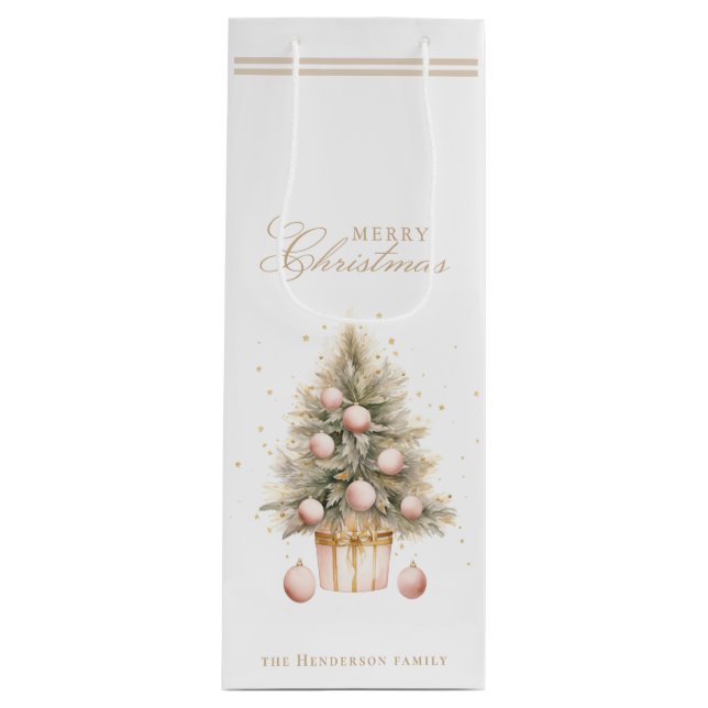 Elegant Soft Pink Watercolor Frohe Weihnachtsbaum Geschenktüte Für Weinflaschen (Vorderseite)