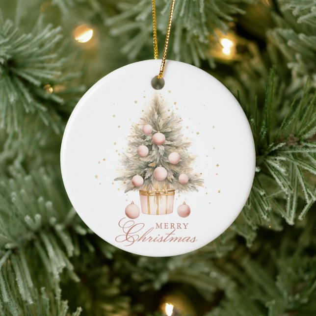 Elegant Soft Pink Watercolor Frohe Weihnachtsbaum Keramik Ornament (Baum)