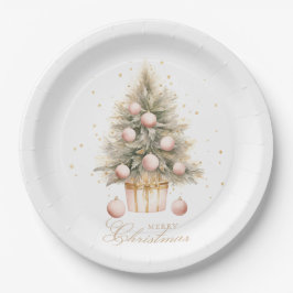 Elegant Soft Pink Watercolor Frohe Weihnachtsbaum Pappteller