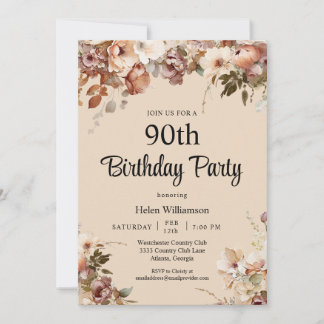 Elegant Soft Watercolor Pink Floral 90. Geburtstag Einladung