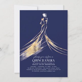 Elegant Sophisticated Navy Blue QUINCEAÑERA Einladung