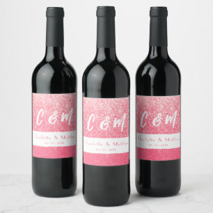 Elegant Sparkle Magenta Glitzer Wedding Weinetikett