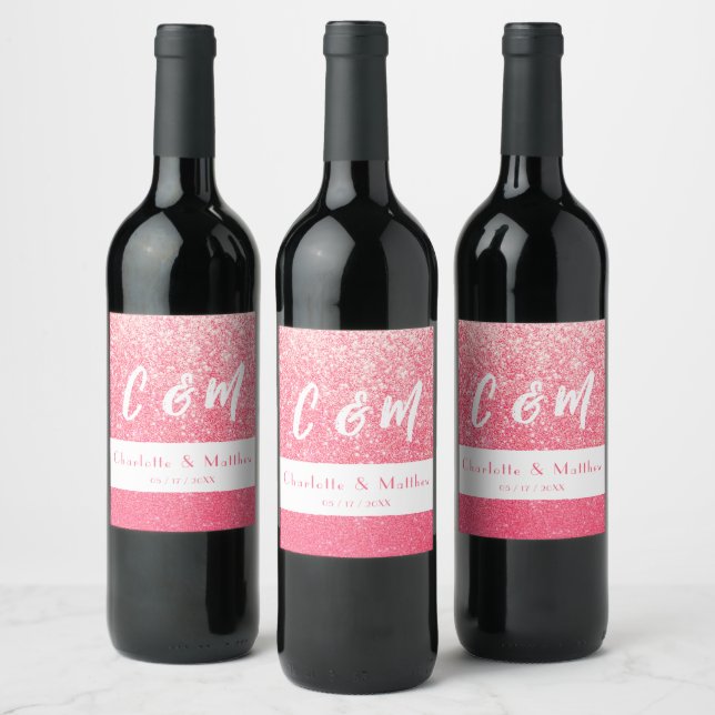 Elegant Sparkle Magenta Glitzer Wedding Weinetikett (Flaschen)