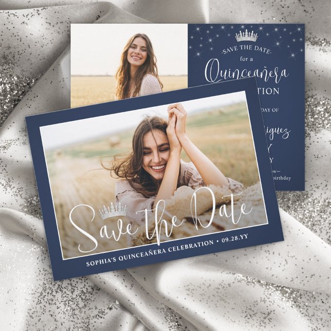 Elegant Sparkles Quinceañera 2 Photo Navy Blue Save The Date (Von Creator hochgeladen)
