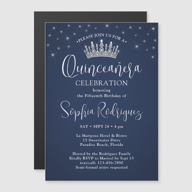 Elegant Sparkles Quinceañera Crown Navy Blue Magneteinladung (Vorne/Hinten)