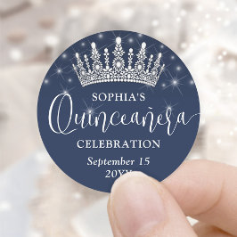 Elegant Sparkles Quinceañera Crown Navy Blue Runder Aufkleber