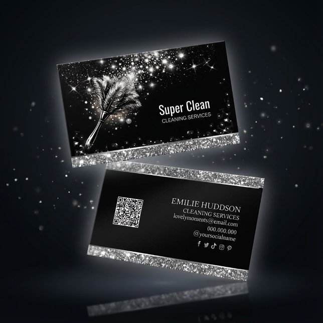 Elegant Sparkling Cleaning Service Business Card  Visitenkarte (#cleaningservice #businesscarddesign #sparklecard #glitterdesign #blackandsilver #brandingdesign )