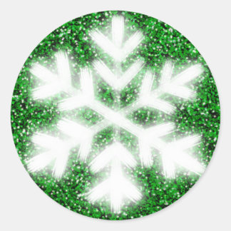 Elegant sparkling glitter green frosty snowflake runder aufkleber