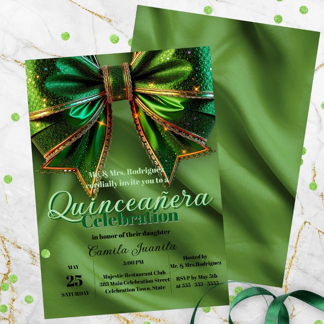 Elegant Sparkling Green Bow auf Satin Quinceañera Einladung (Von Creator hochgeladen)